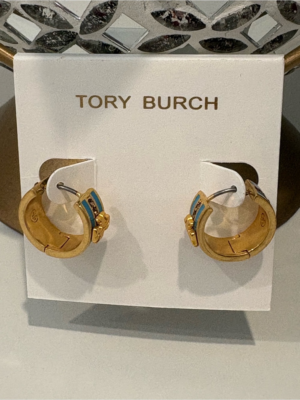 Tory Burch Kira Blue Enamel Huggie Hoop Earrings